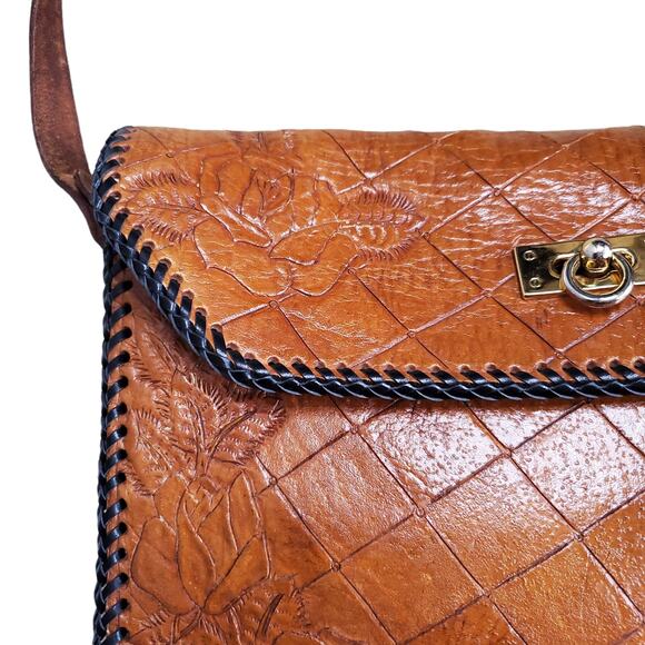 Vintage Crossbody Purse Handbag Brown Leather Tooled Whipstitch Gold Closure - Picture 3 of 15